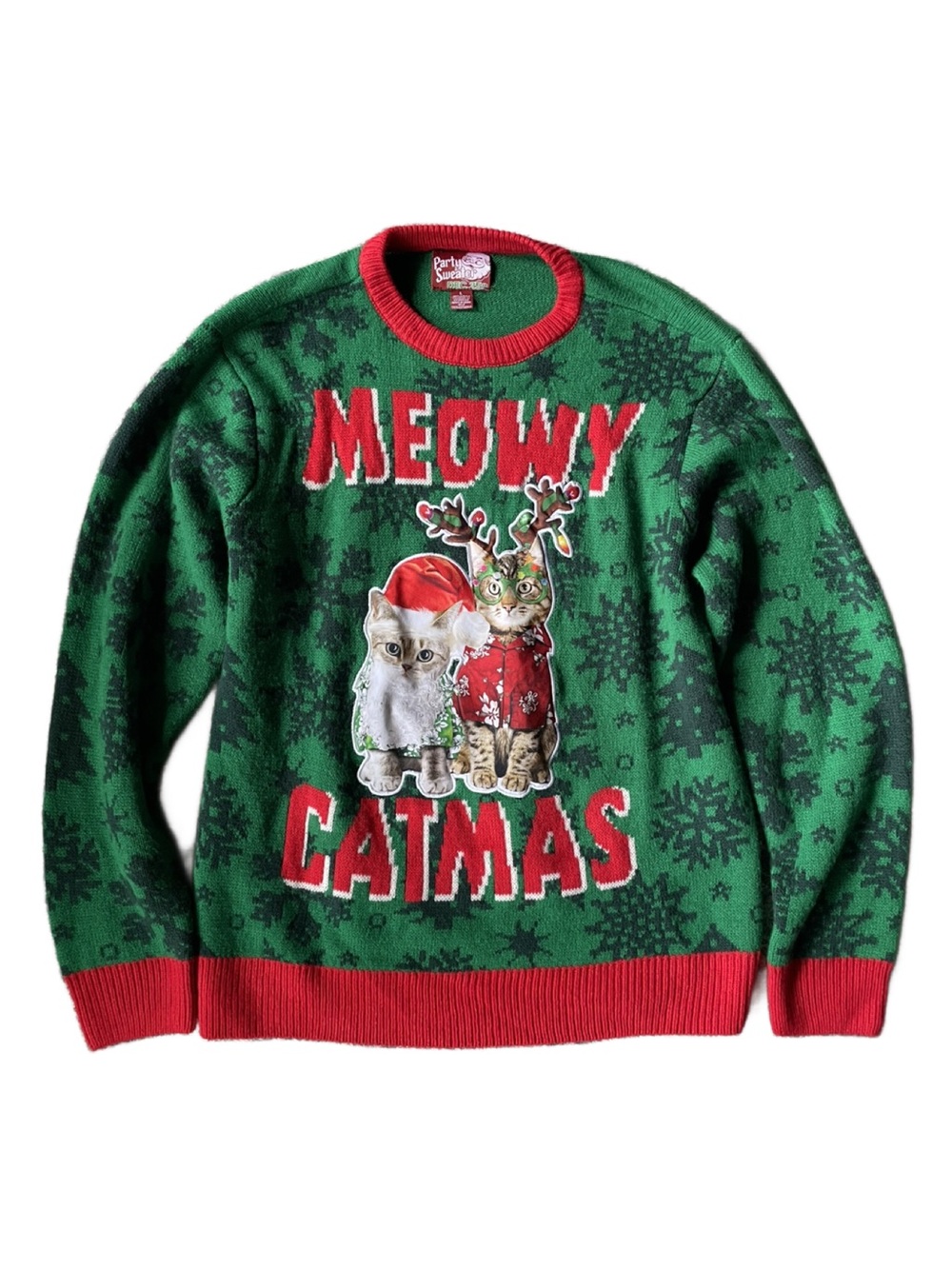 Meowy Catmas Green Holiday Sweater - Party Sweater - Size Large